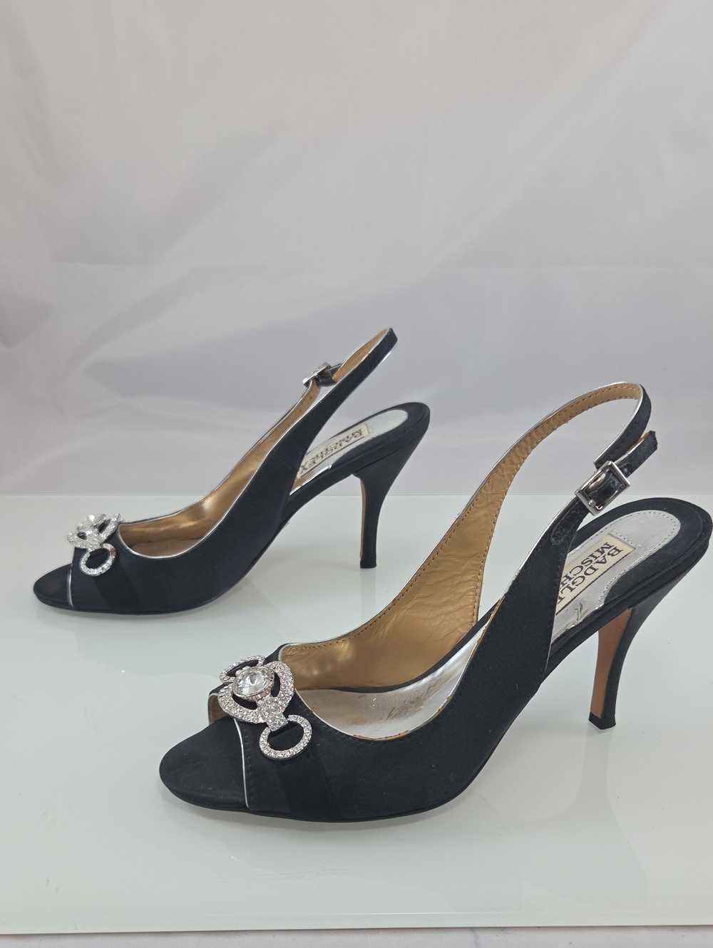 Badgley Mischka Black Embellished Slingback Peep-Toe Heels - Picture 3 of 13